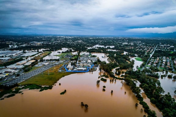 Drone shot of the Geodesign Flood Barrier during ex tropical Cyclone Alfred
