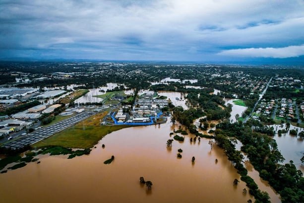 Drone shot of the Geodesign Flood Barrier during ex tropical Cyclone Alfred