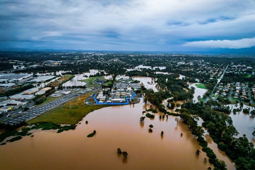 Drone shot of the Geodesign Flood Barrier during ex tropical Cyclone Alfred