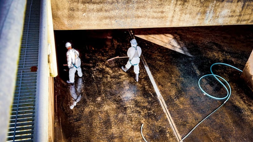 Operators cleaning bioreactor